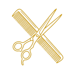 Icono dorado de tijeras y peine cruzados representando el servicio de corte de cabello en Tlalnepantla.